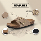 Orthopedic Leather Cork Slide Sandals - Oversized Buckle Detail