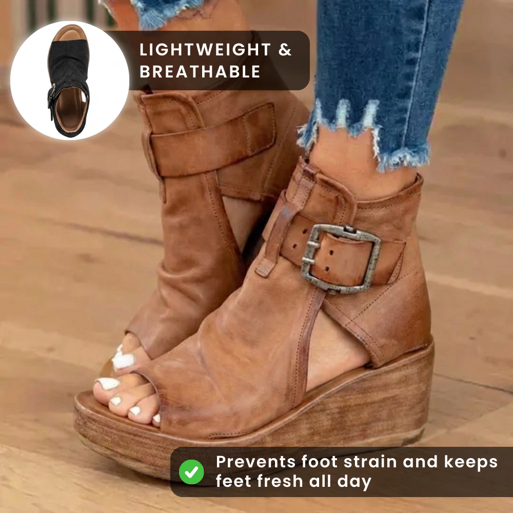 Orthopedic Leather Platform Sandals - Double Buckle Ankle Strap