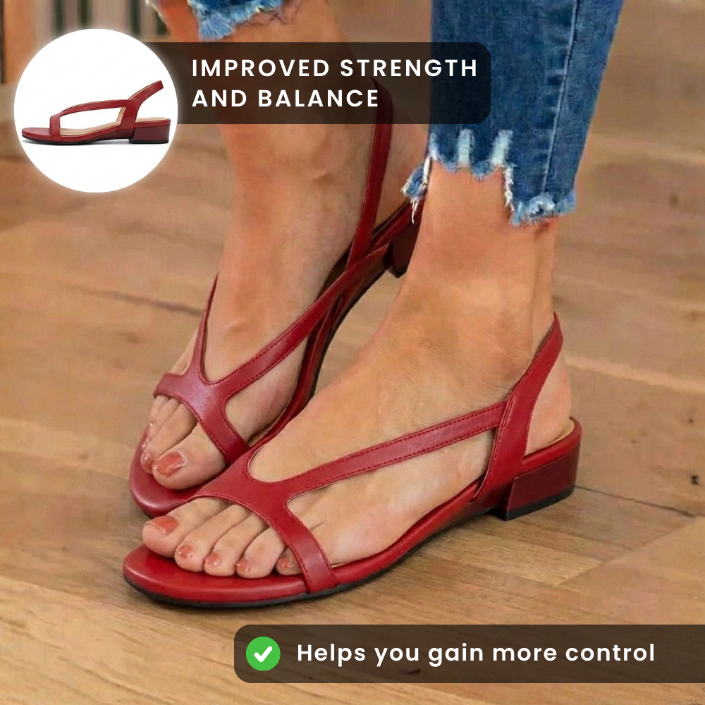 Orthopedic Leather Low-Heel Sandals - Geometric Cutout Strap