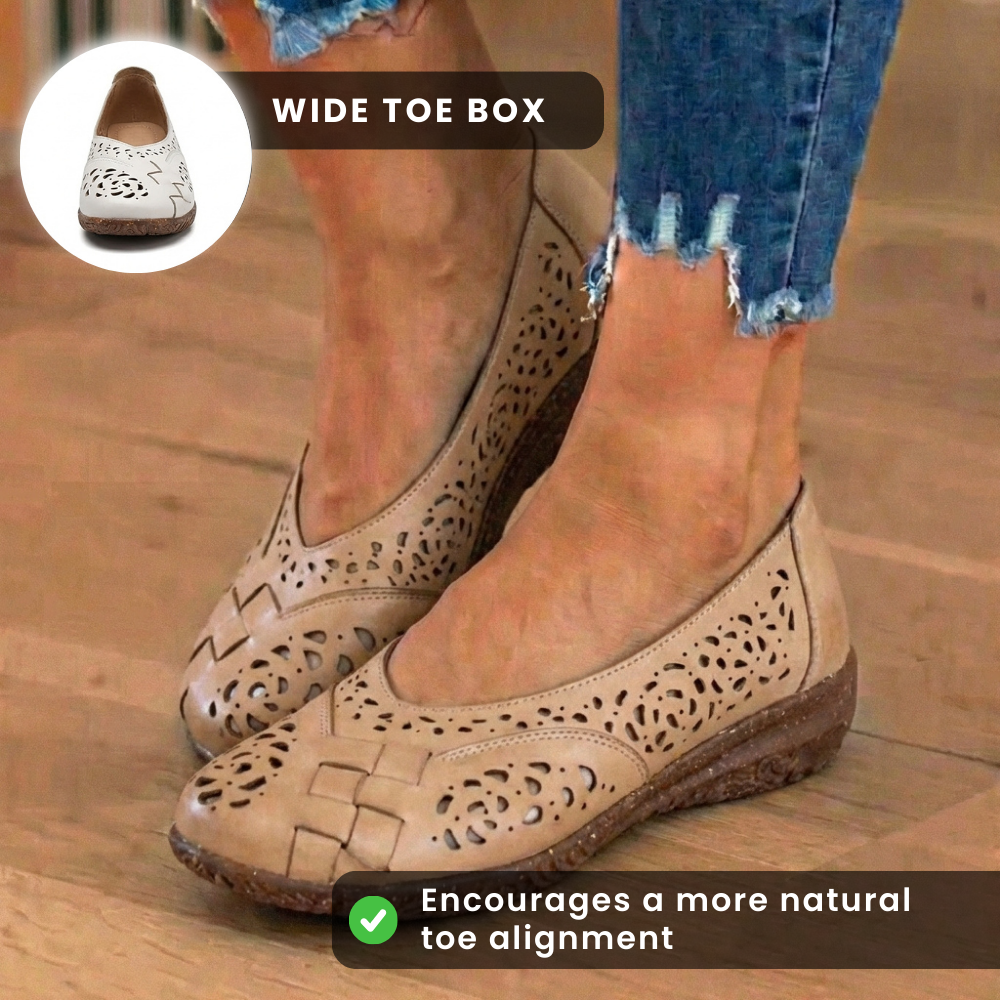Orthopedic Leather Slingback Wedges - Perforated Floral Cutout Pattern