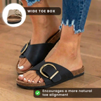 Orthopedic Leather Cork Slide Sandals - Oversized Buckle Detail
