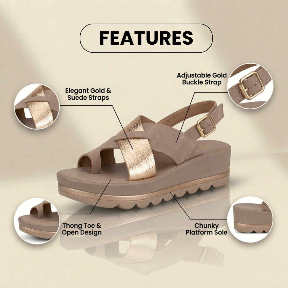 Orthopedic Platform Wedge Sandals - Metallic & Suede
