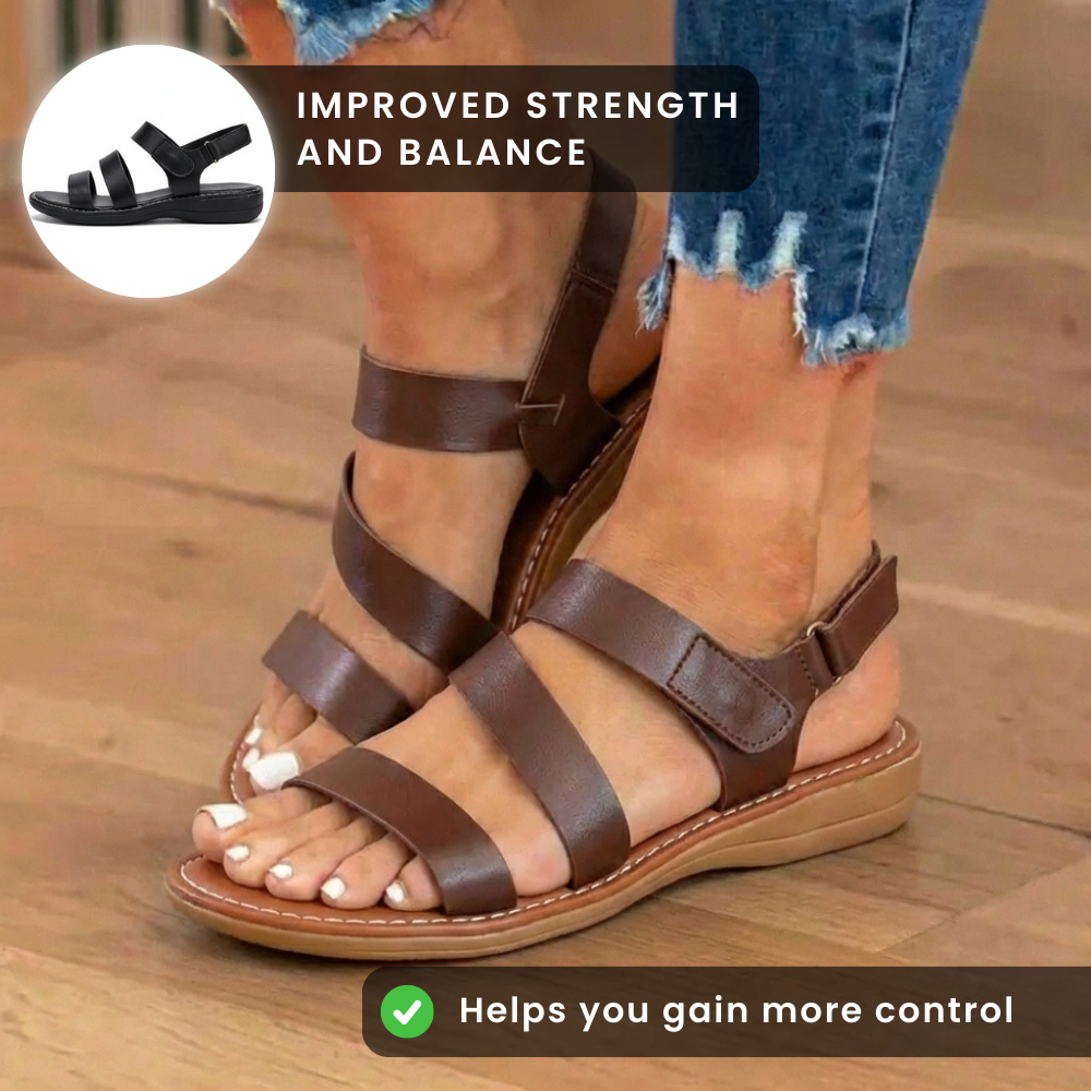 Orthopedic Leather Multi-Strap Sandals - Triple Buckle Closure