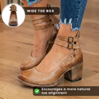 Orthopedic Leather Ankle Boots - Block Heel Double Buckle Strap