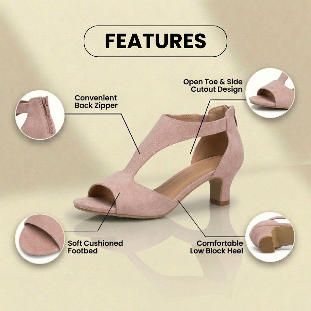 Orthopedic Linen Block Heel Sandals - T-Strap Peep-Toe Desig