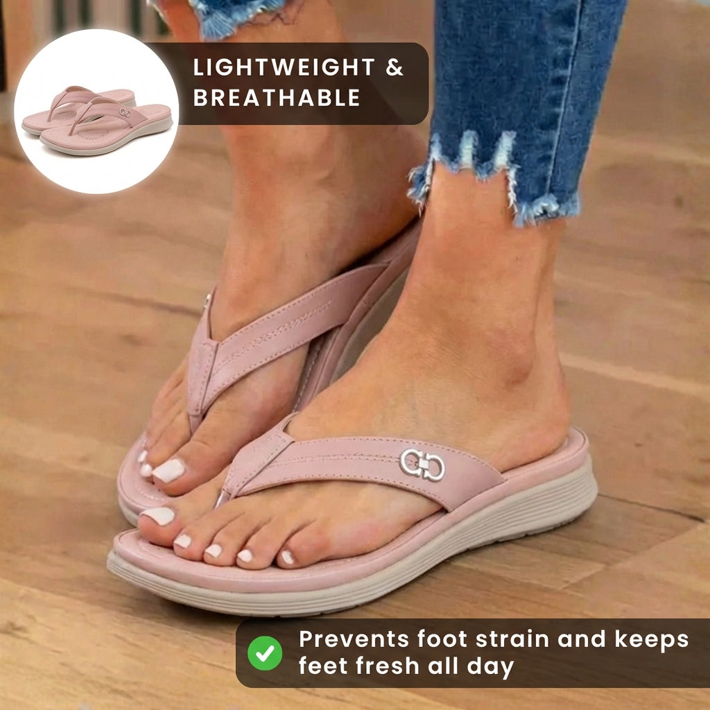 Orthopedic Leather Flip Flops - Thong Style Design & Gold Accent Hardware