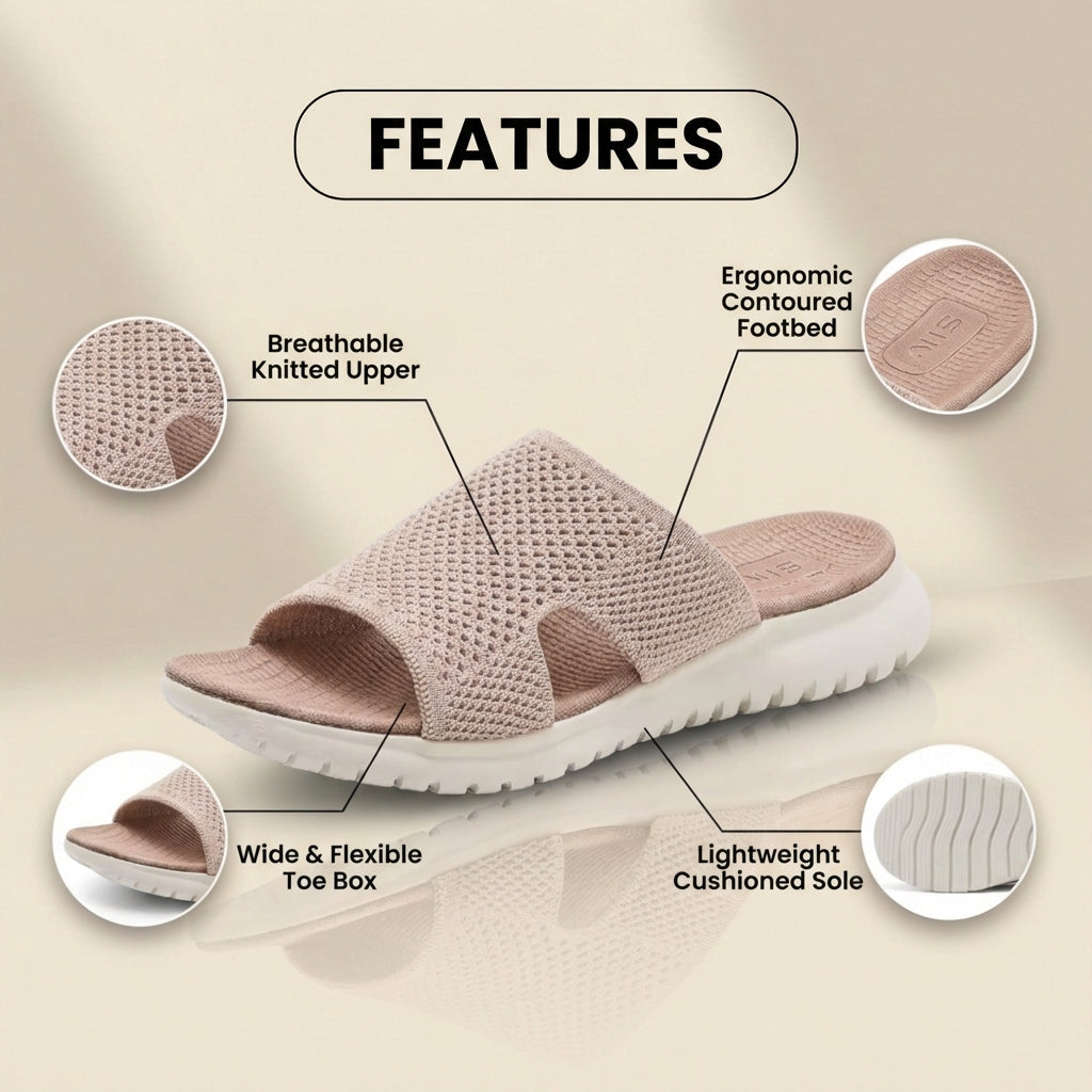 Orthopedic Knit Slide Sandals - Wide Cutout Band Design & Breathable Mesh Construction