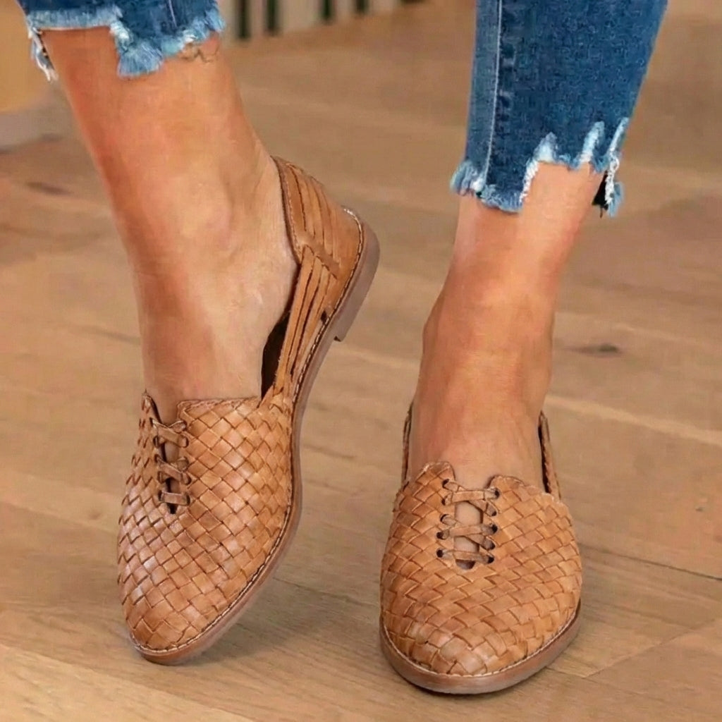 Orthopedic Leather Woven Slip-On Flats - Basketweave Cutout Detail