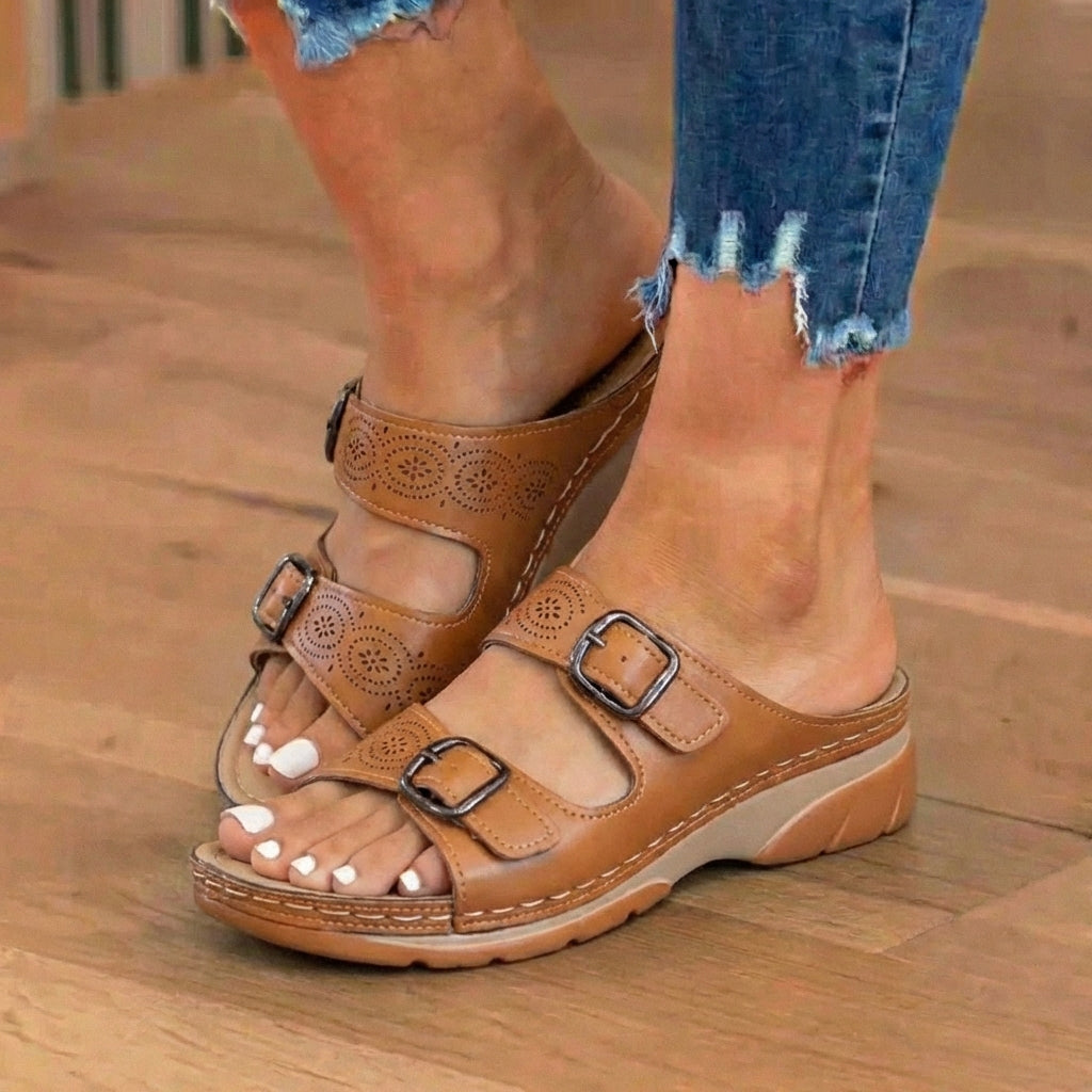 Orthopedic Leather Platform Slide Sandals - Double Buckle Perforated Design