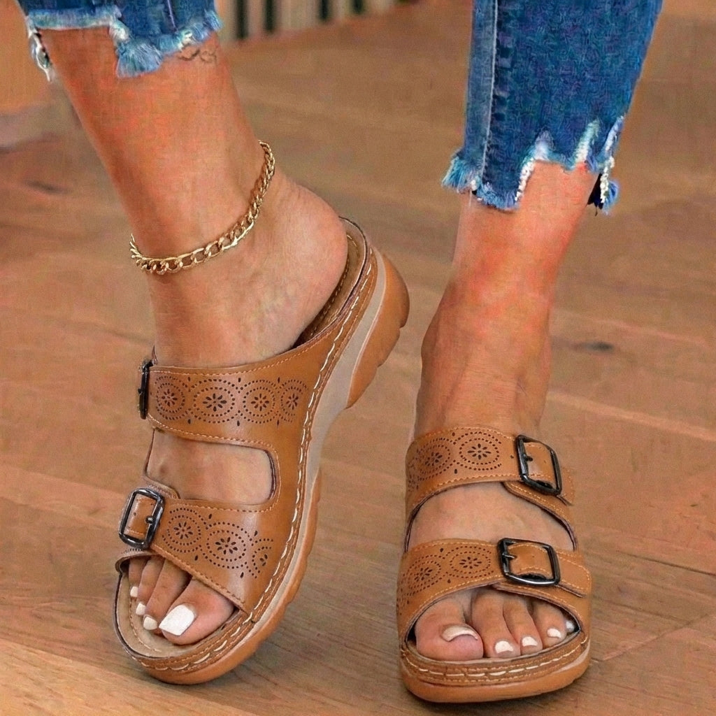 Orthopedic Leather Platform Slide Sandals - Double Buckle Perforated Design