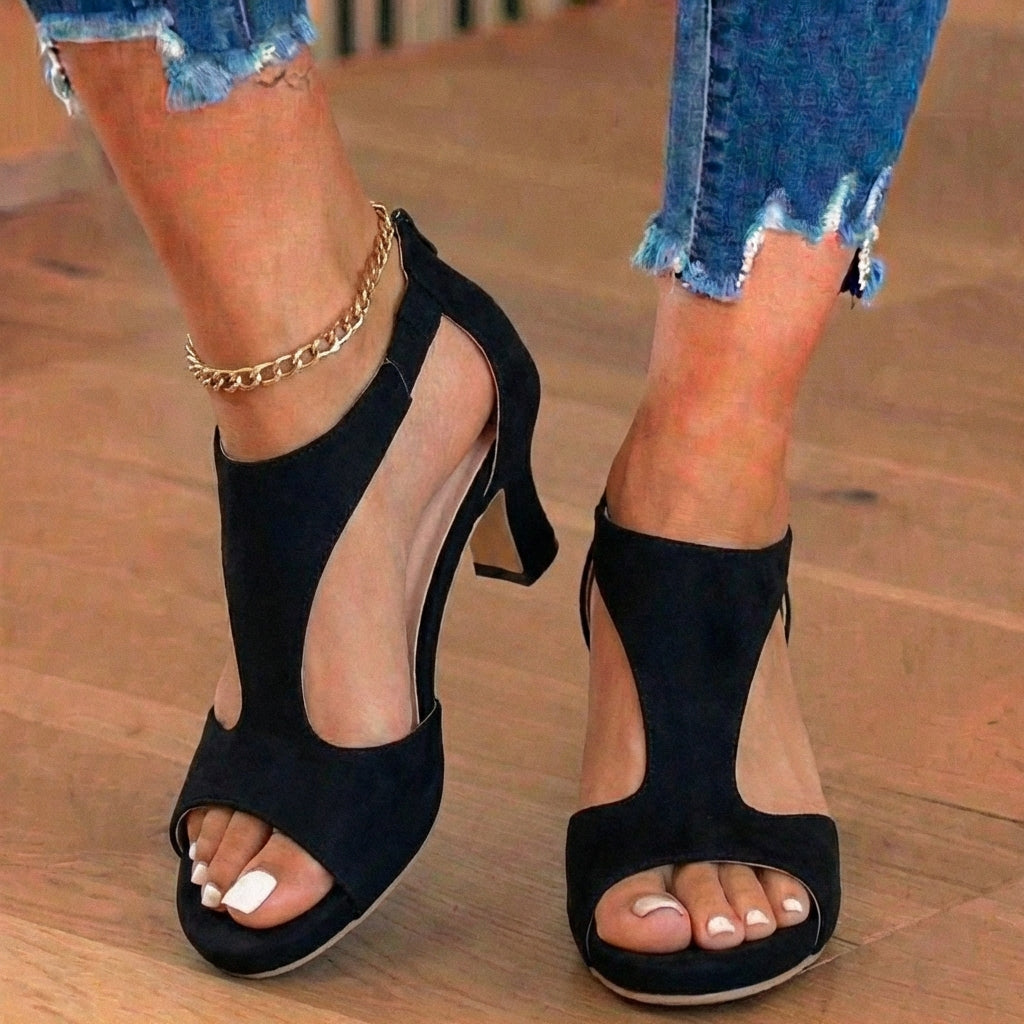 Orthopedic Linen Block Heel Sandals - T-Strap Peep-Toe Desig
