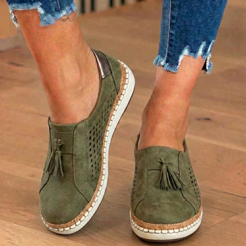 Orthopedic Leather Slip-On Sneakers - Tassel & Perforated Detail