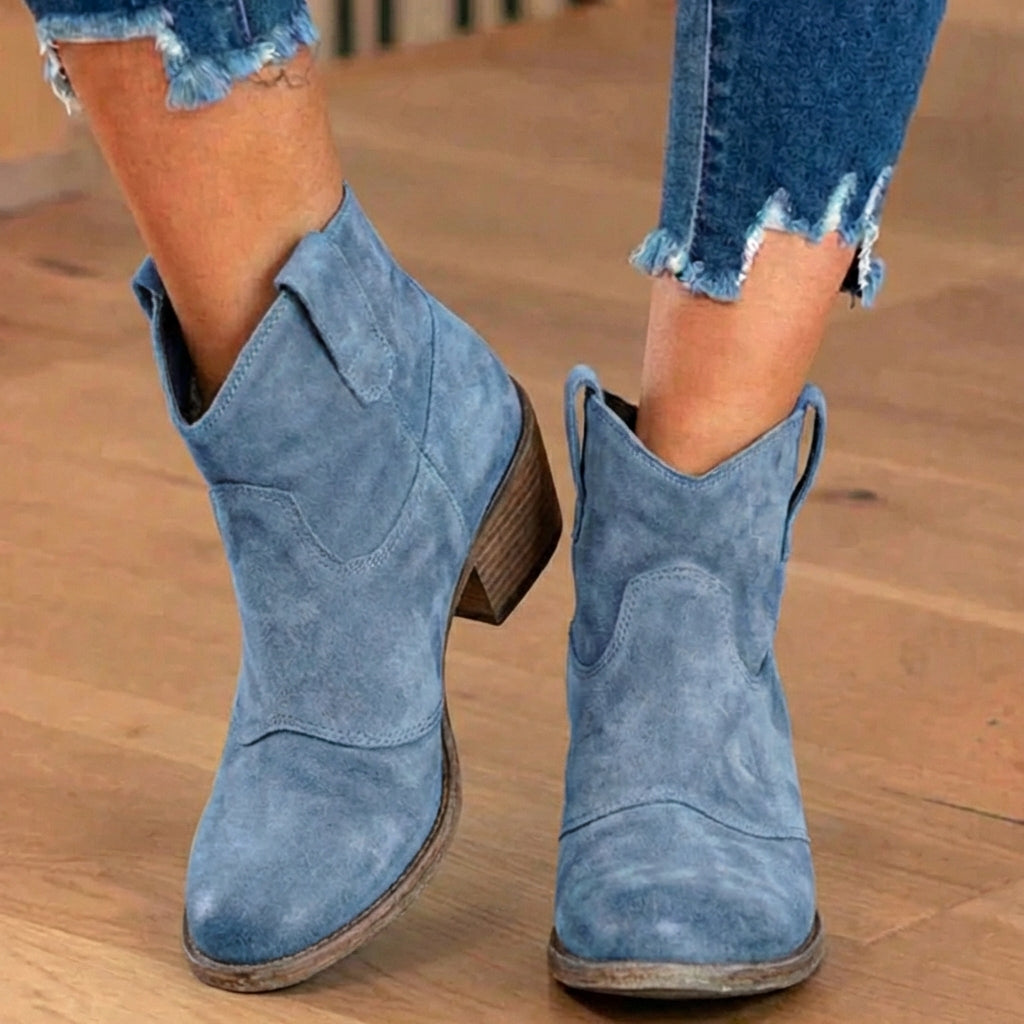 Orthopedic Suede Western Ankle Boots - Low Block Heel Pull-On