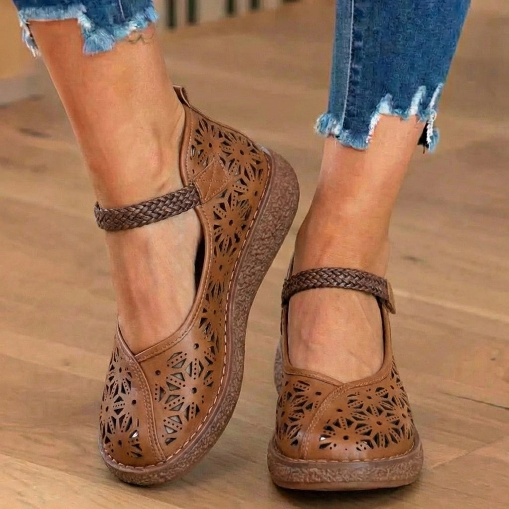 Orthopedic Leather Laser-Cut Flats - Braided Ankle Strap